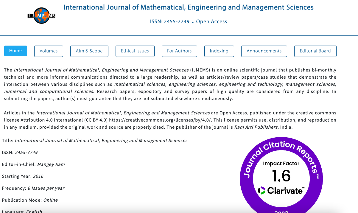 International Journal of Mathematical, Engineering and Management Sciences
